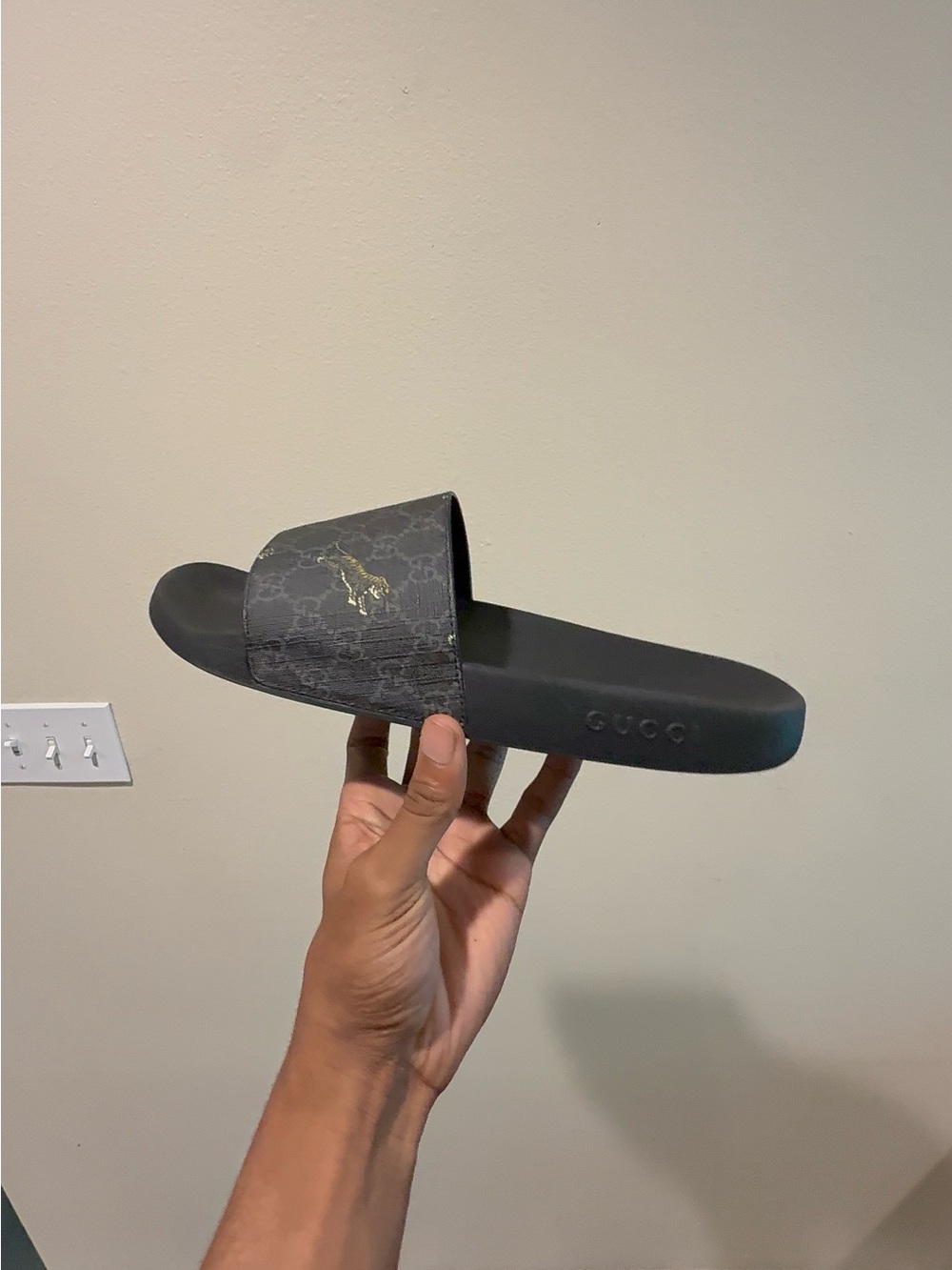 Gucci Black Slide Sandal with Gold Logo Accent